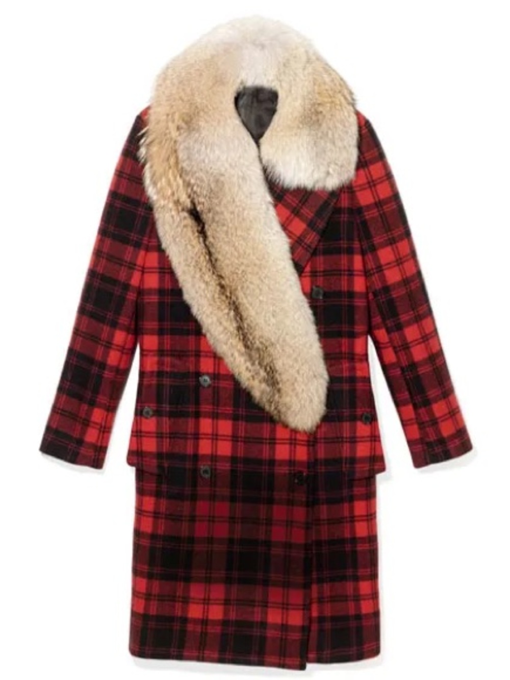 Michael Kors Collection Virgin Wool Red and Black Plaid Coat with Fox Fur Shawl